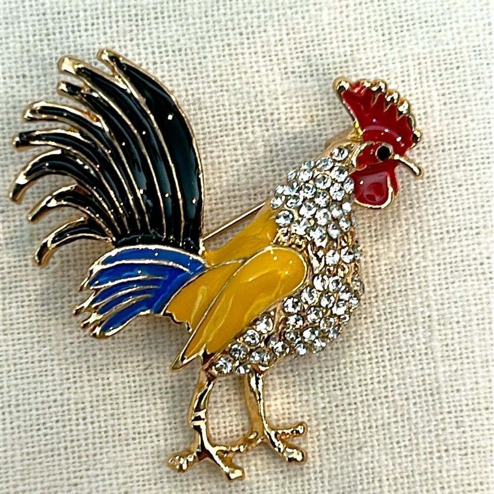 Colorful enamel Rooster Brooch with Crystals